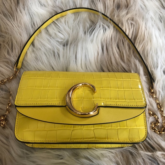 CHLOE Calfskin Crocodile Embossed C Shoulder Bag in Joyful Yellow - Picture 1 of 10